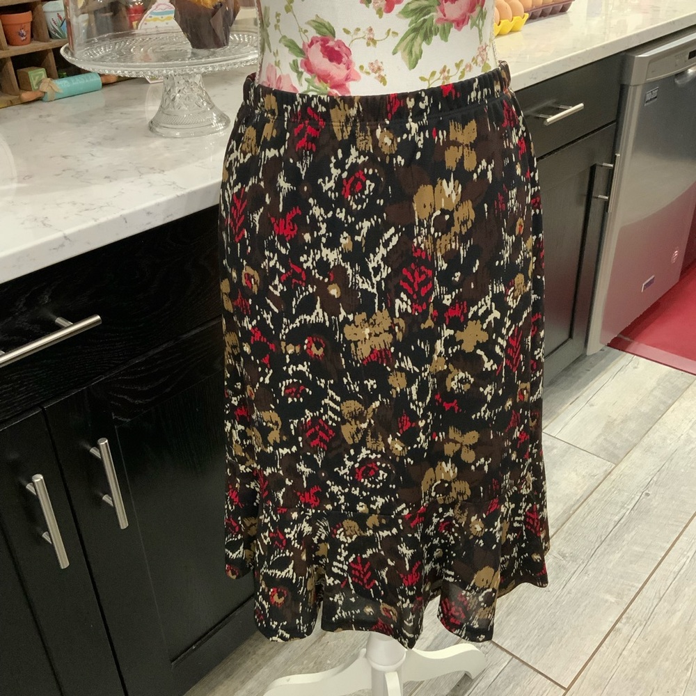 Sag Harbor Skirt Elastic Waist Knee Length Floral Black Brown Red Sz Small Lined